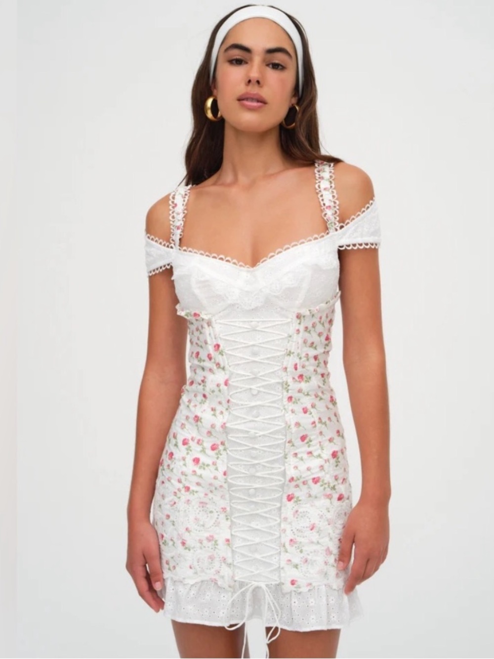 For Love & Lemons Baela Lace-Up Bustier Rose Floral Eyelet Mini Dress in XS